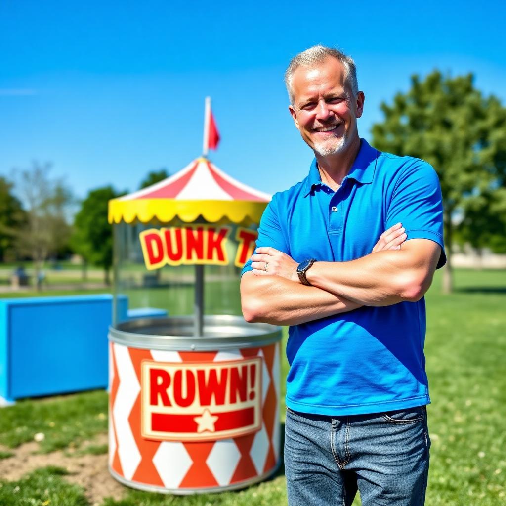 Darrell Marsh standing next to his dunk tank in a sunny park
