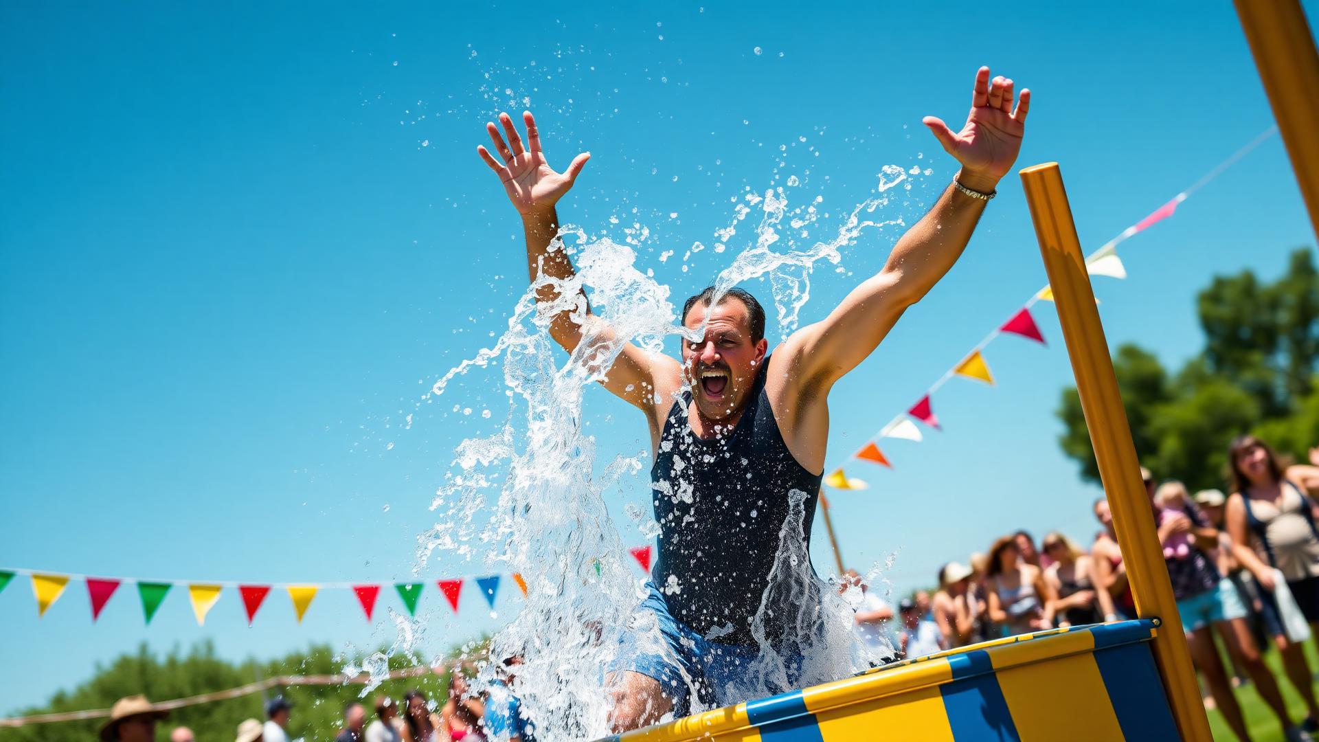 A big splash as someone gets dunked in Marsh's dunk tank at a sunny outdoor event